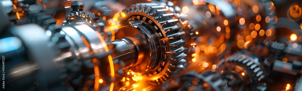 Poster a close-up view of intricate gears and machinery, showcasing metallic textures and warm glowing ligh