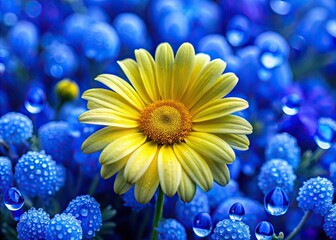 Aerial View of a Yellow Daisy with Dewdrop Surrounded by Blue Flowers in a Vibrant Field