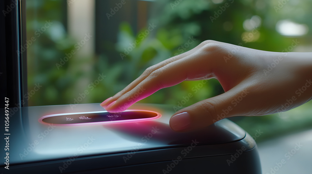 Poster a hand is touching a button on a device