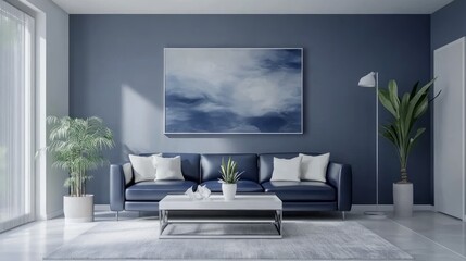 Fototapeta premium A minimalist living room with soft gray walls, a navy blue leather sofa, and white cushions