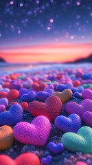 Sparkling Hearts on Sandy Beach at Sunset