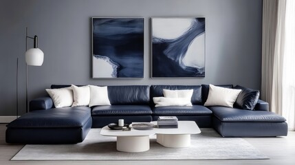A minimalist living room with soft gray walls, a navy blue leather sofa, and white cushions