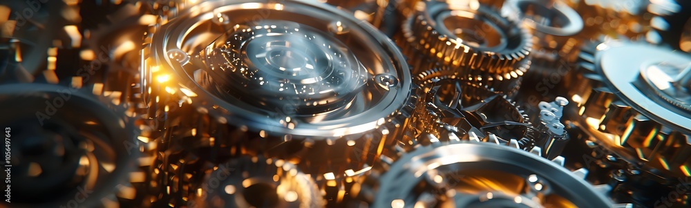 Poster A close-up of intricate metallic gears, showcasing reflections and details, creating a mechanical and steampunk aesthetic.