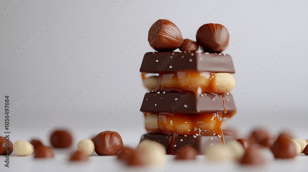 Poster closeup of a stack of chocolate bars with caramel and hazelnuts on top with scattered hazelnuts and 