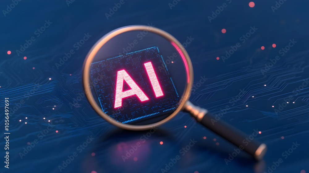 Poster a magnifying glass is focused on a computer chip with the letters ai on it