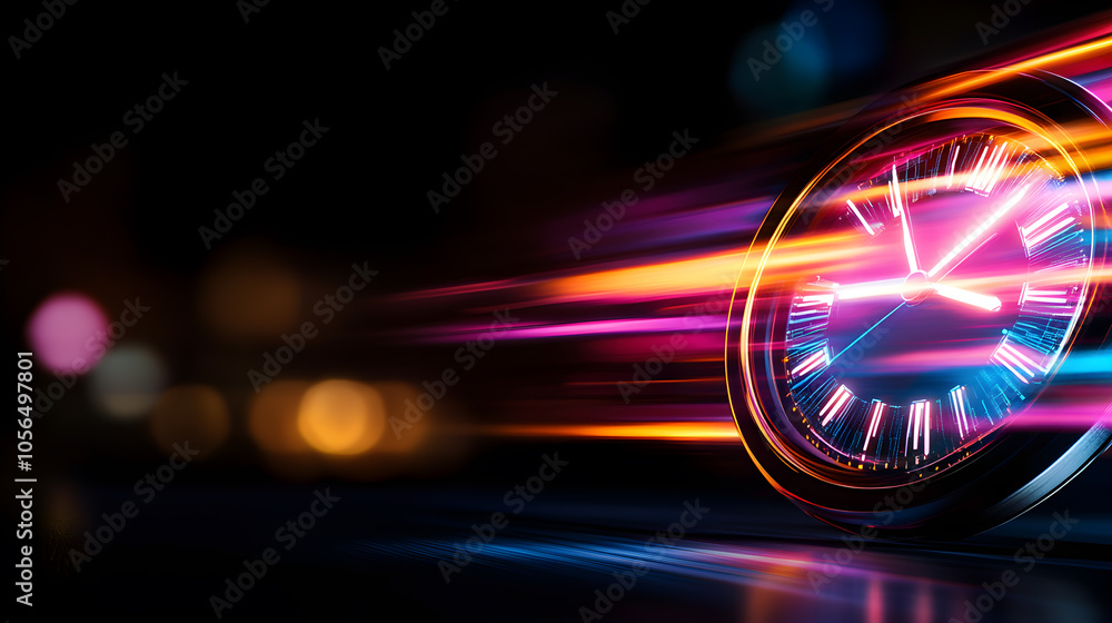 Wall mural a clock is shown in a blurry, colorful light