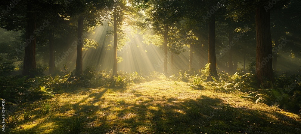Poster sunlight beams through trees in a misty forest.
