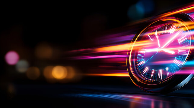 A clock is shown in a blurry, colorful light
