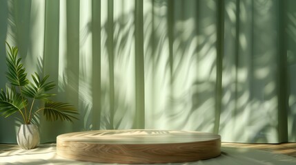 Fototapeta premium Presentation set with wooden podium, green backdrop, curtain, palm leaf shadow, for showcasing cosmetics.