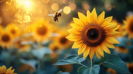 Fototapeta premium Bee hovering above vibrant sunflowers during golden hour