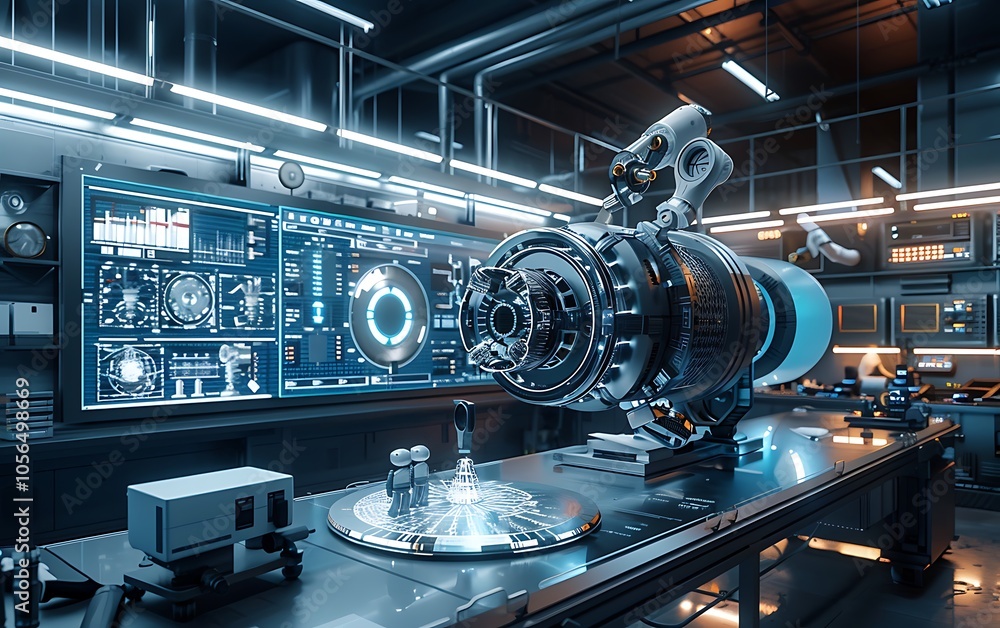 Aufkleber a futuristic laboratory features advanced machinery and digital displays, highlighting cutting-edge 