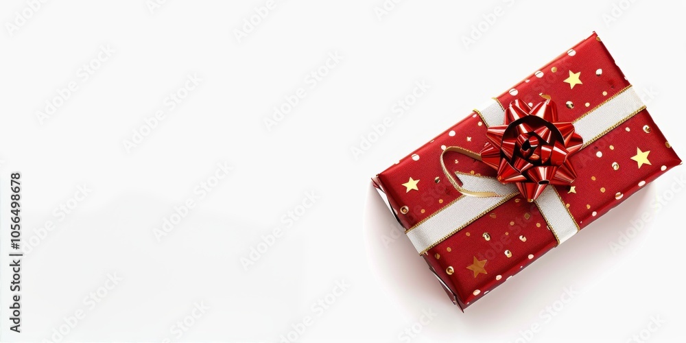 Poster a red box with a white bow on top of it. the box is decorated with stars and is placed on a white ba