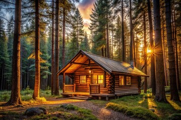 Warmly lit wooden cabin nestled among the trees in a forest clearing, cozy interior, wooden door