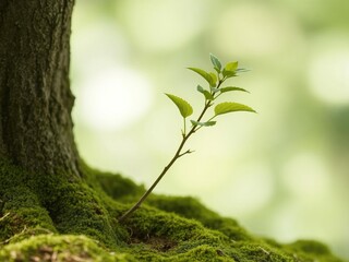 Fototapeta premium Young tree sapling growing in natural green background, outdoor, seedling, background