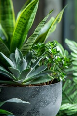 Obraz premium A detailed close-up of different succulent and green plants arranged in a stylish black pot, perfect for home or office decor.