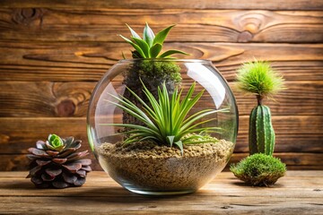 Yucca plant in a terrarium with other desert plants and mosses, set against a wooden background for a unique and exotic look., nature, moss, succulent, garden, terrarium