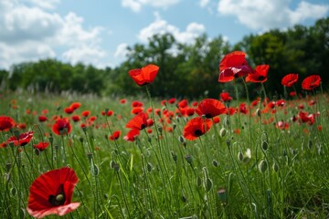 Fototapeta premium A vibrant field of red poppies in full bloom, set against a backdrop of lush greenery and a clear blue sky.