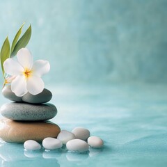 A white flower is placed on top of three small rocks. Concept of calm and serenity, as the flowers and rocks are arranged in a peaceful and natural setting