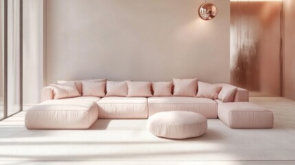 A minimalist living room with white walls, a blush pink sofa, and rose gold lighting