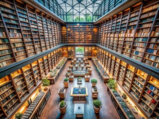 Fototapeta premium Aerial View of Starfield Library Reading Area with Expansive Bookshelves and Modern Design Elements
