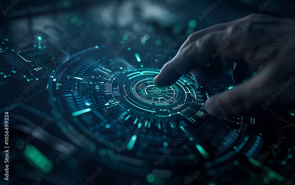 Leinwandbilder A futuristic interface with glowing circles and a hand touching a digital display, highlighting advanced technology and interaction.