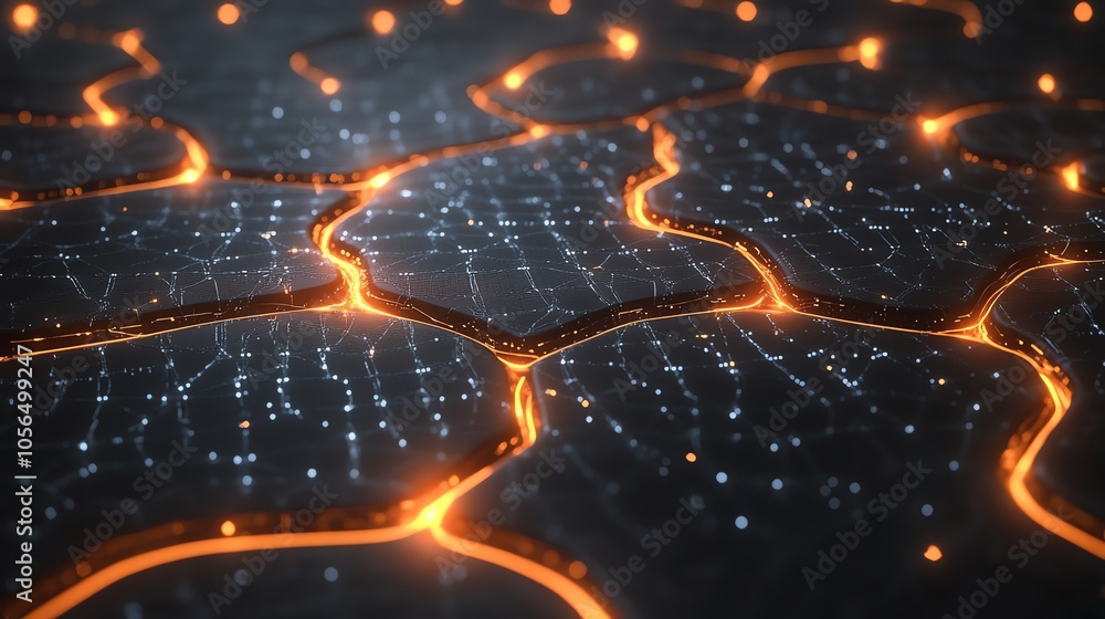 Poster Abstract background with a textured black surface, glowing orange lines and white dots.