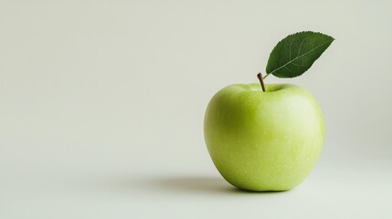 A single green apple with a leaf sits on a white background.