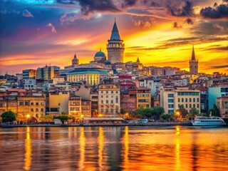Obraz premium Aerial View of the Golden Horn and Galata at Sunset - Stunning Istanbul Landscape Photography