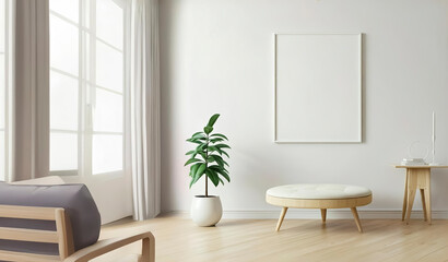 Fototapeta premium Blank white canvas frame in cozy living room. It's for mock up