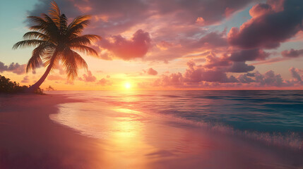 Sunset Beach Scene with Palm Tree - Realistic Digital Illustration