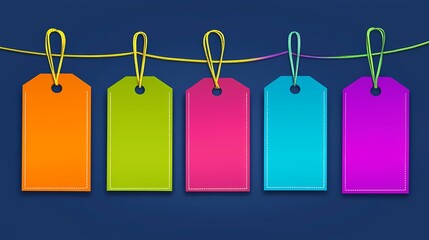 Vibrant Tags Hanging on a Line: Colorful Labels Ideal for Fashion and Retail Promotions, Adding a Playful Touch to Any Product Display.