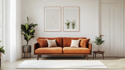 A minimalist living room with white walls, a terracotta fabric sofa, and dark brown wooden furniture