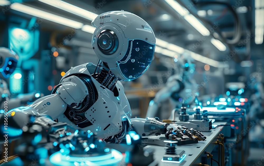 Aufkleber A futuristic scene featuring robots assembling in a high-tech factory, showcasing advanced technology and precision automation.
