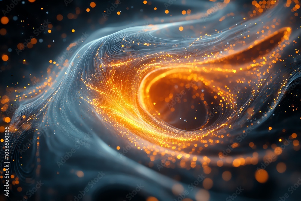 Poster Abstract swirling light and dark background with glowing particles.