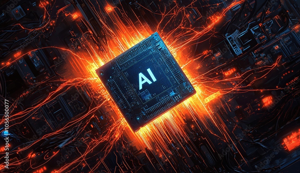 Poster ai processor chip with glowing lines.