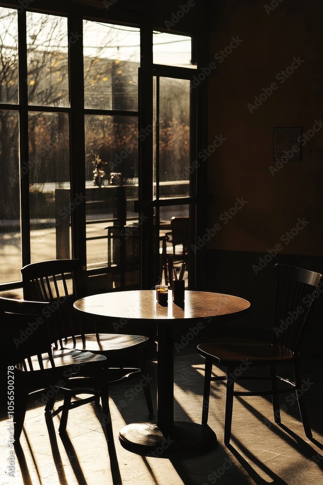 Poster a table with four chairs and a candle on it. the table is in a dimly lit room with a window in the b