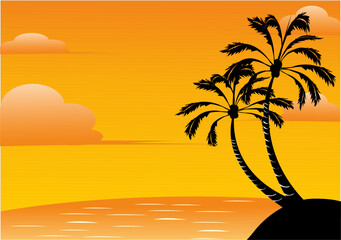 Vector illustration of a sunset view on the seashore, sunset and sunrise on the beach with two coconut trees