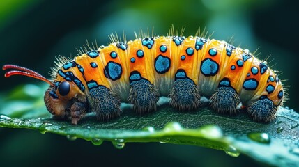 Fototapeta premium Brightly colored caterpillar resting on a leaf in a tropical forest