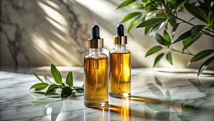 Against a marble background, two oil bottles with droppers are enveloped by plant shadows, promoting relaxation and wellness while enhancing aesthetic home decor.