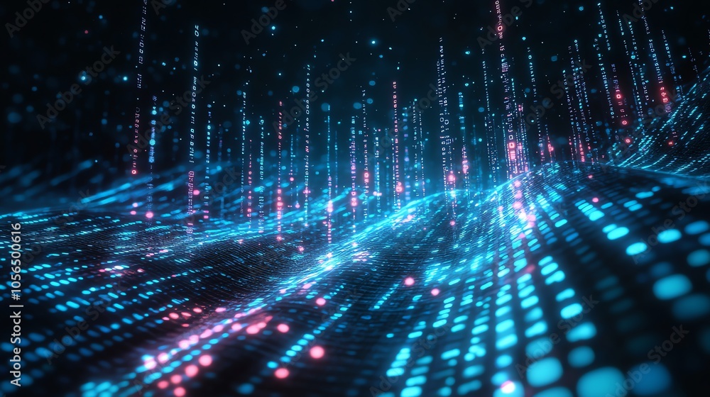 Poster abstract digital data flow with glowing blue and pink particles on a dark background.