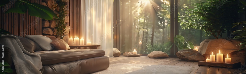Poster a serene interior space with soft lighting, plush furnishings, and a natural backdrop creating a tra