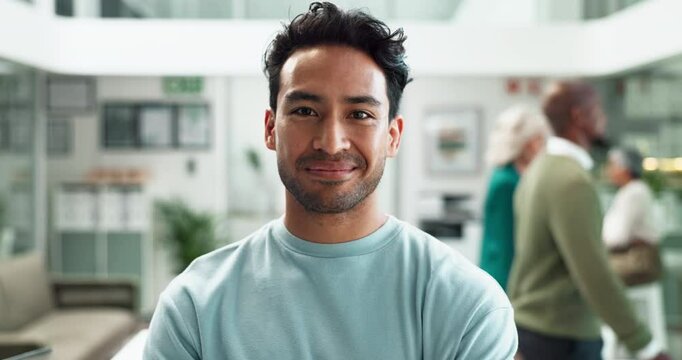 Business man, face and confidence in office for professional service, career growth and pride. Employee, happy and creative agency in workplace for work mission, project management and development