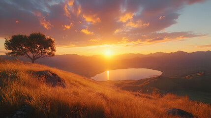 Obraz premium Golden Hour Sunset Landscape with Lone Tree, Lake, and Mountains