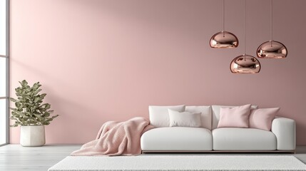 A modern living room featuring a blush pink accent wall, a white sofa, and rose gold light fixtures