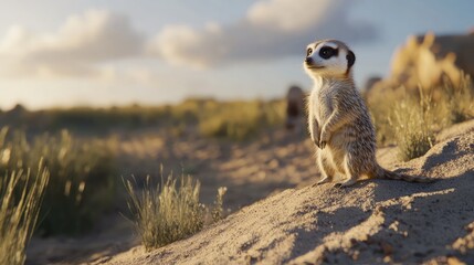Fototapeta premium Cute Meerkat in Natural Habitat at Sunset