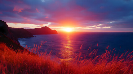 Sunset over the Ocean with Red Grass Illustration