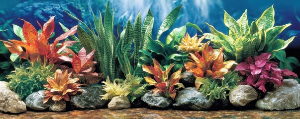 Obraz premium A vibrant arrangement of aquatic plants and rocks for aquarium decoration.