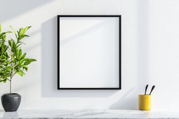 A modern black-framed empty picture frame displayed on a marble countertop beside a vibrant yellow holder with utensils.