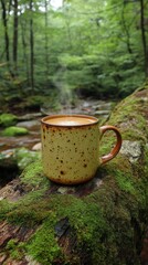 Obraz premium Steaming coffee mug on mossy log by tranquil forest stream