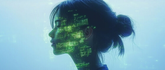 Woman with Digital Code Overlaying Face.
